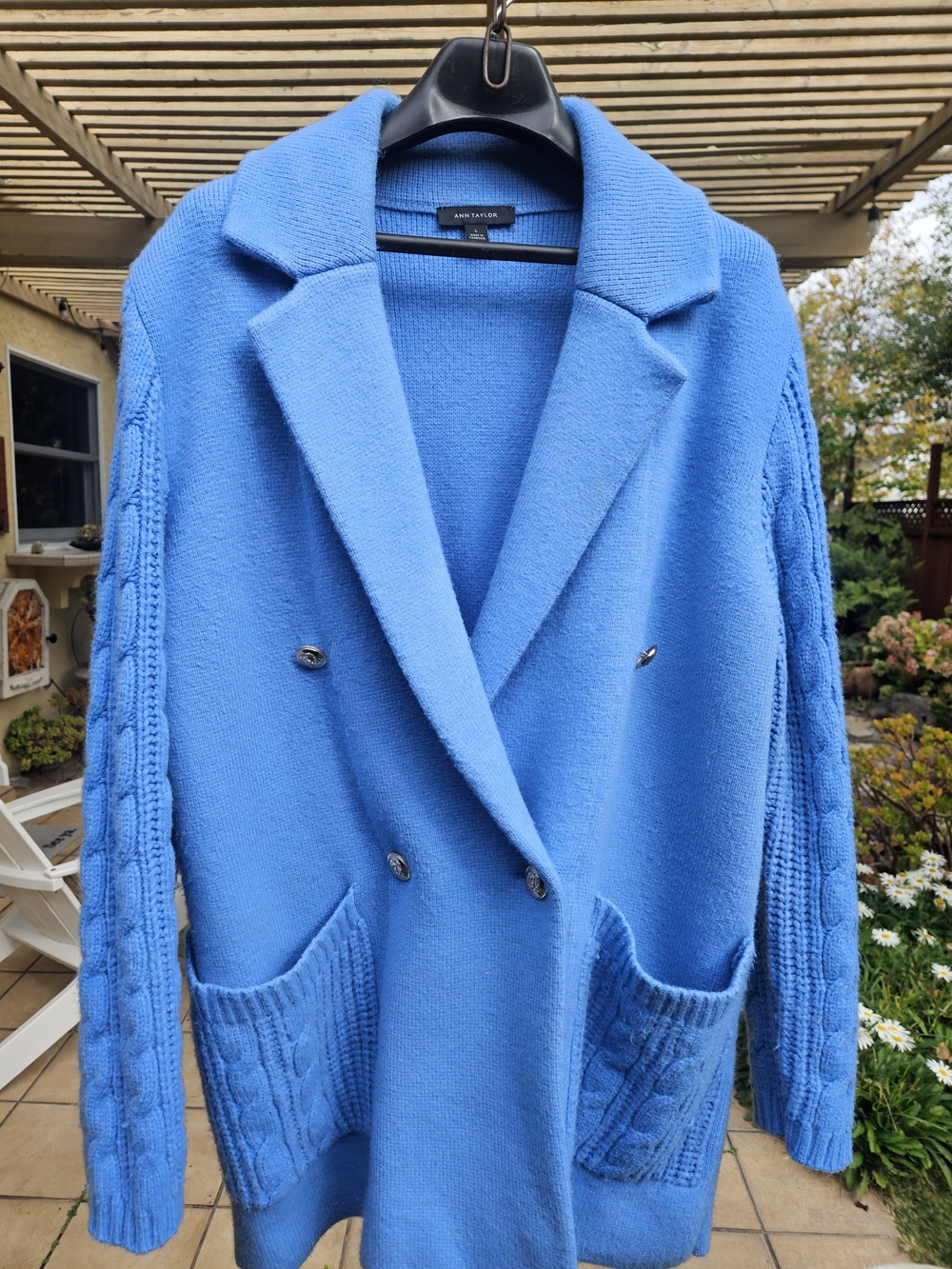Ann Taylor Double-Breasted Knit Coatigan in Bright Blue
